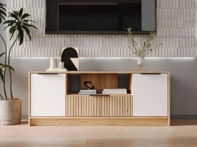 Тумба под ТВ  ТМ-001 Ивис (дуб крафт золотой/белый) в Искитиме - iskitim.mebel-nsk.ru | фото